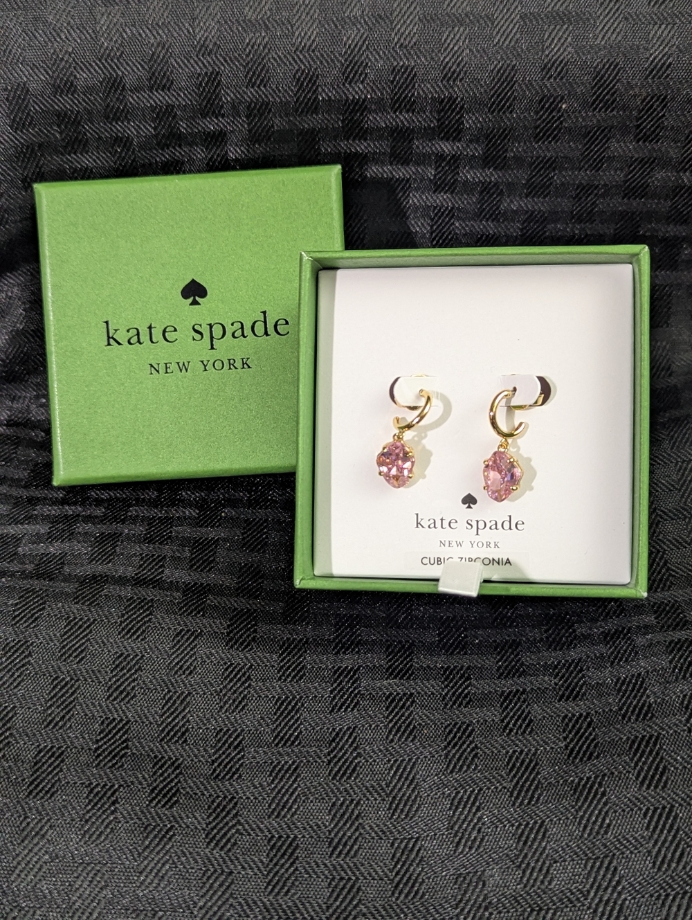 Gold Hoop Kate Spade Treasure Trove Earrings with Pink Crystal Drops.
